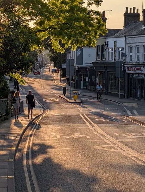 A view of a quiet street in Tottenham Hale during late afternoon or early evening, with a warm sunlight casting long shadows. The street is lined with shops and residential buildings, some with traditional brick and white facades. A large, leafy tree extends over the pavement and road on the left side, providing shade. Pedestrians are seen walking along the sidewalks, including two women and a man carrying shopping bags, while a cyclist rides towards the camera near the corner. A white van is parked partially on the pavement in front of a shop, with its rear doors open and furniture or boxes visible inside, indicating the loading or unloading process typical of home relocation or moving services. The road features double yellow lines and faint markings, with traffic signals and a small traffic island with a yellow and black bollard in the middle. The overall scene captures a typical street environment relevant to local house removals and furniture transport within Tottenham Hale, as managed by Man with Van Tottenham Hale.